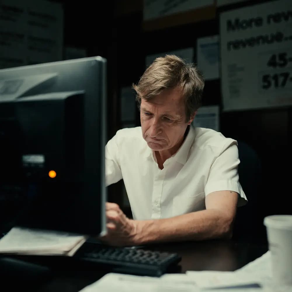 Frustrated business owner at a computer late at night